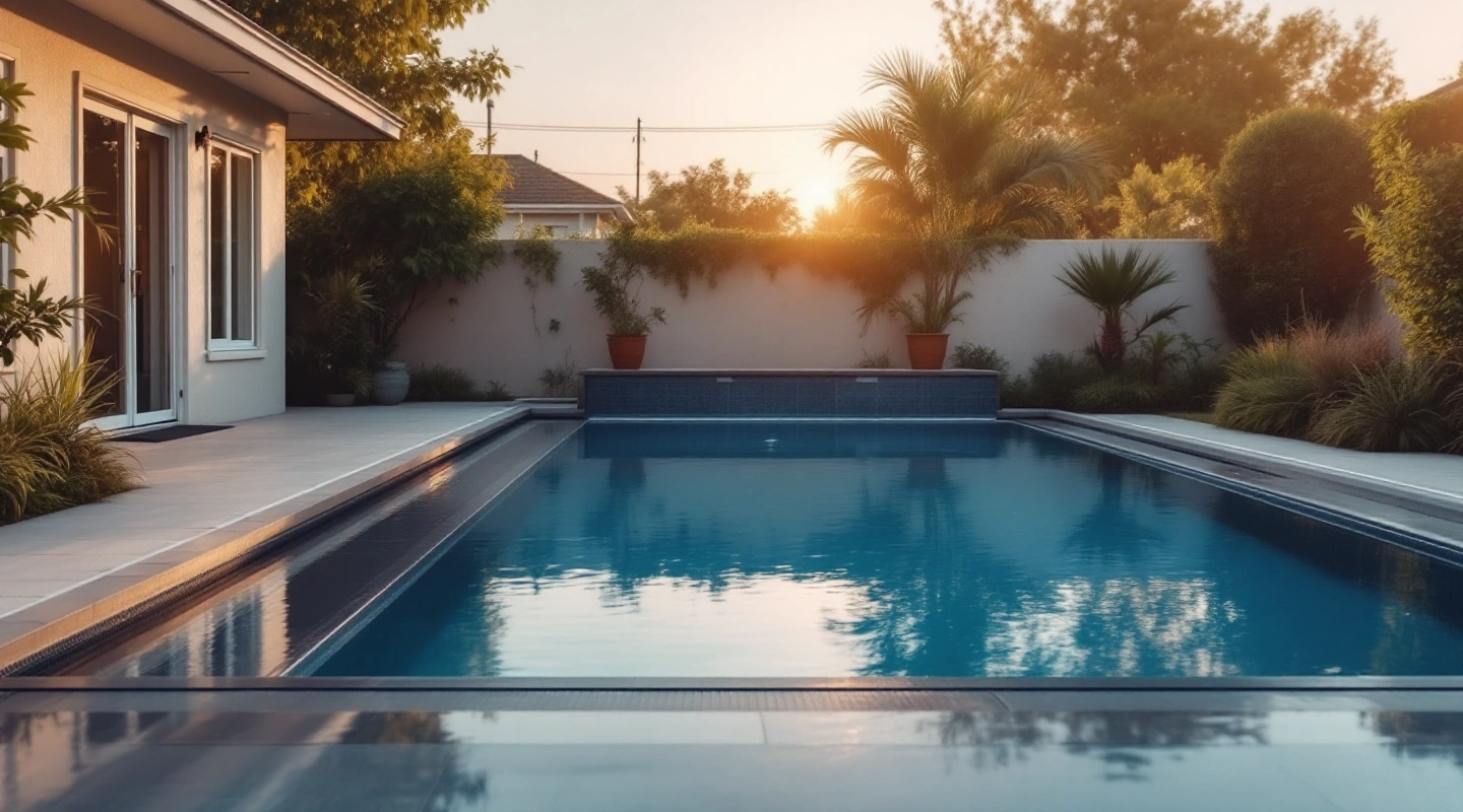 Quiet pool water and surrounding deck in natural light