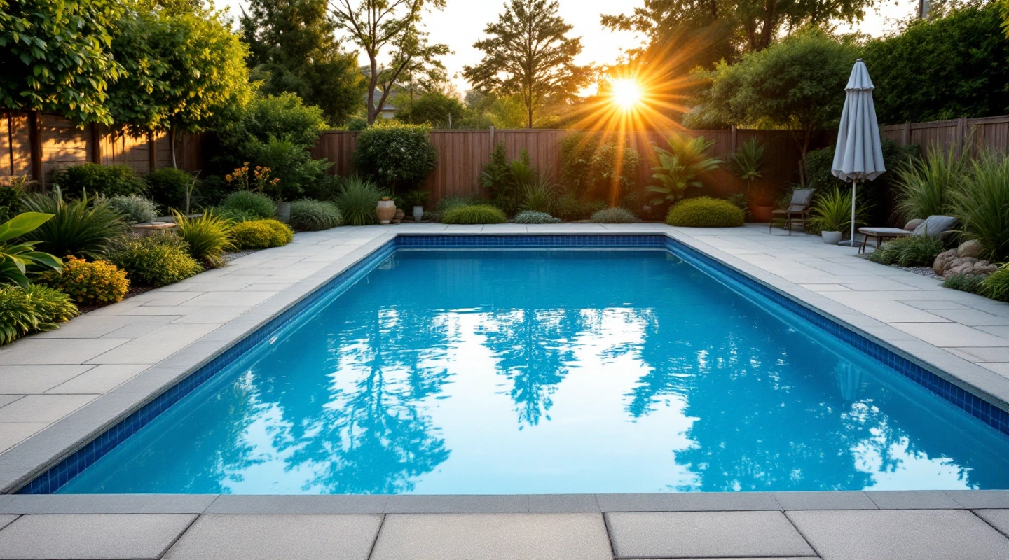Quiet pool water and surrounding deck in natural light