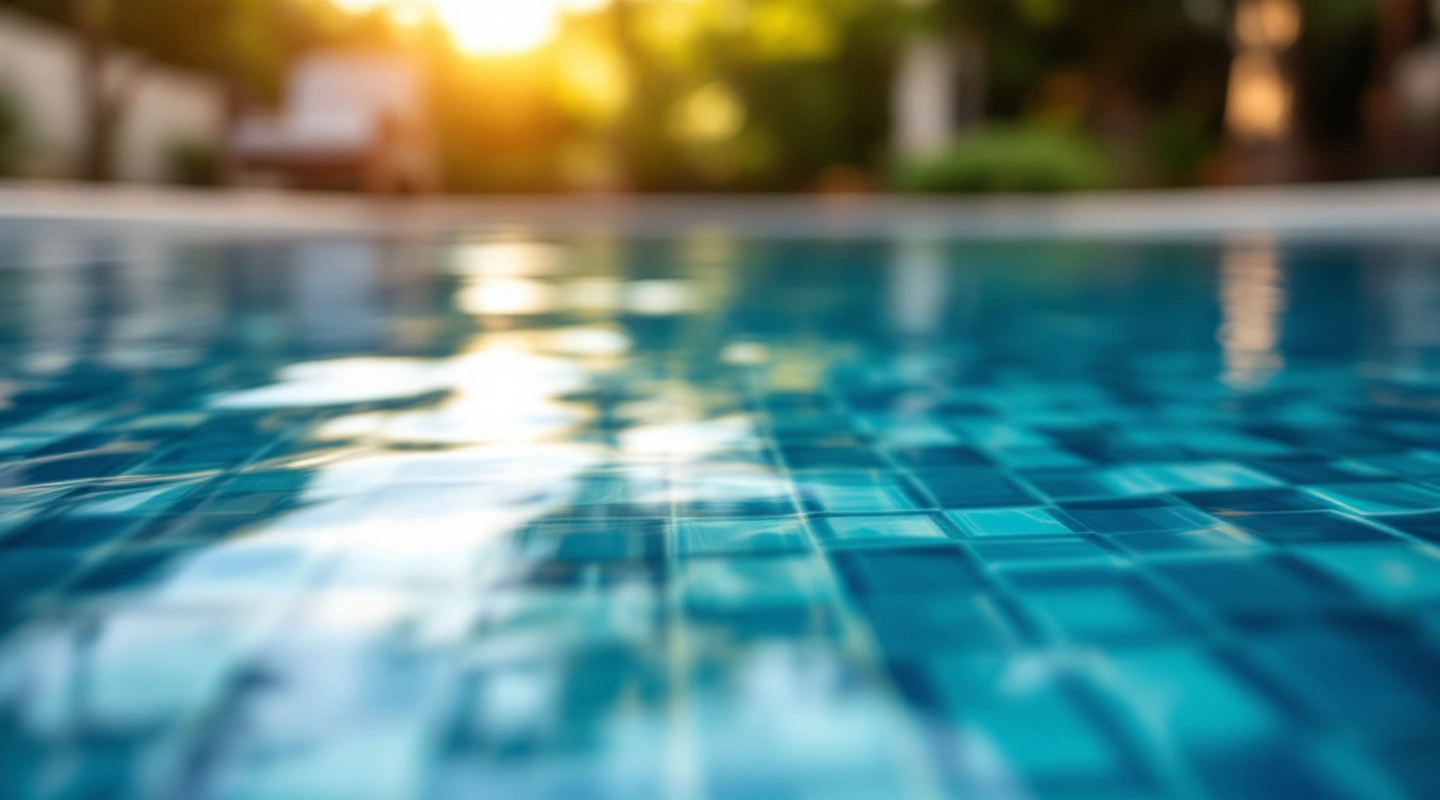 Quiet pool water and surrounding deck in natural light