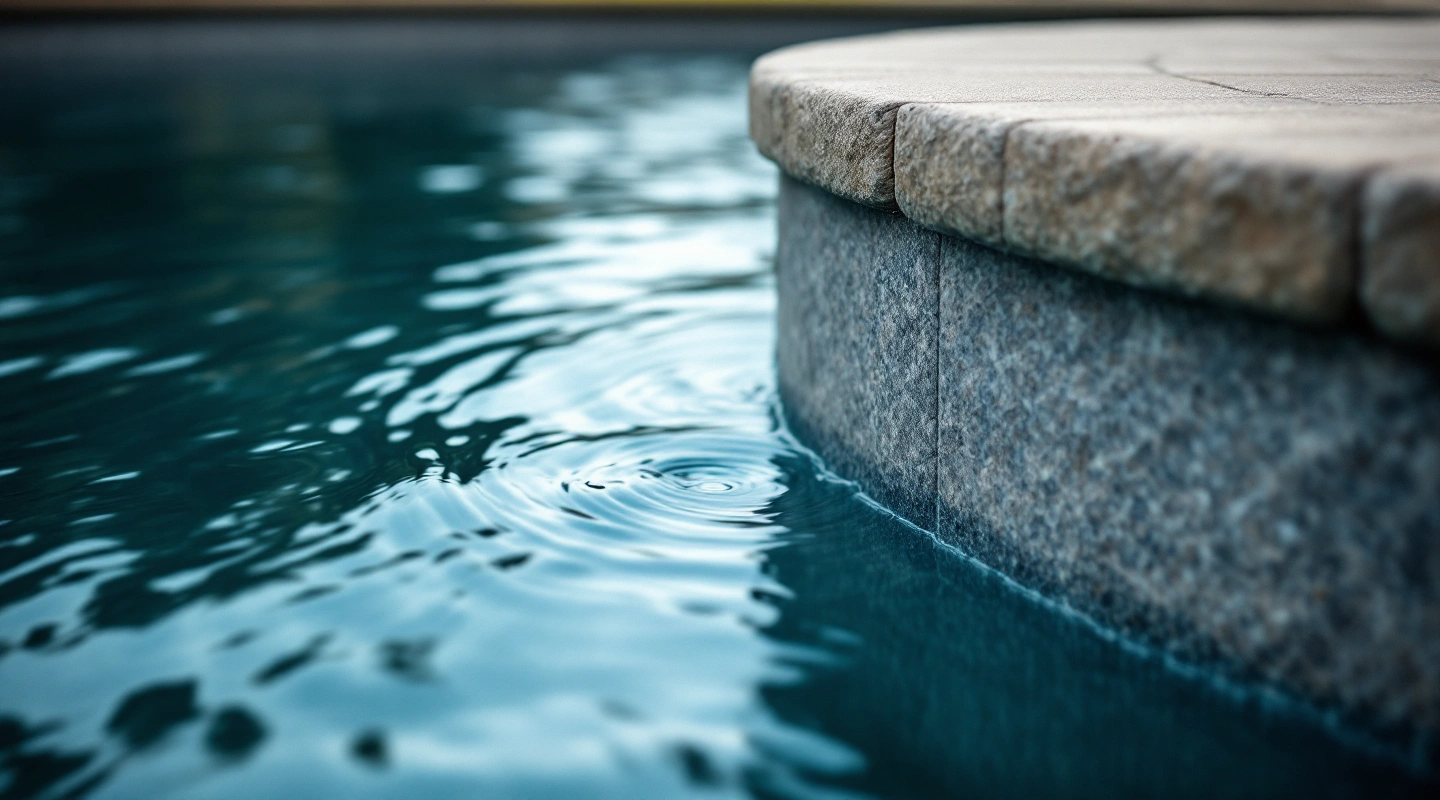 Quiet pool water and surrounding deck in natural light