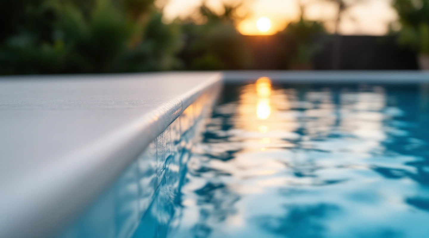 Quiet pool water and surrounding deck in natural light