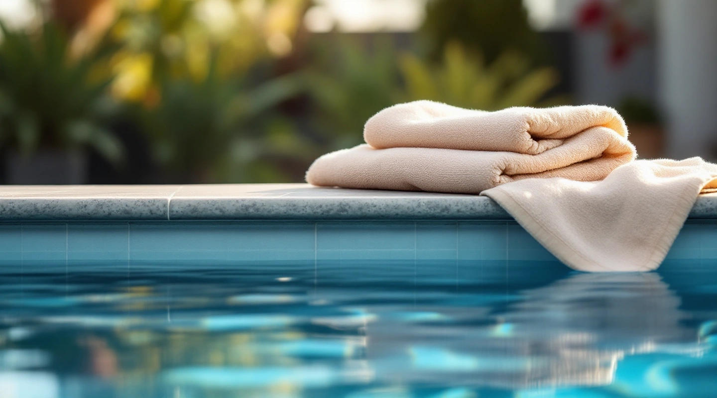 Quiet pool water and surrounding deck in natural light