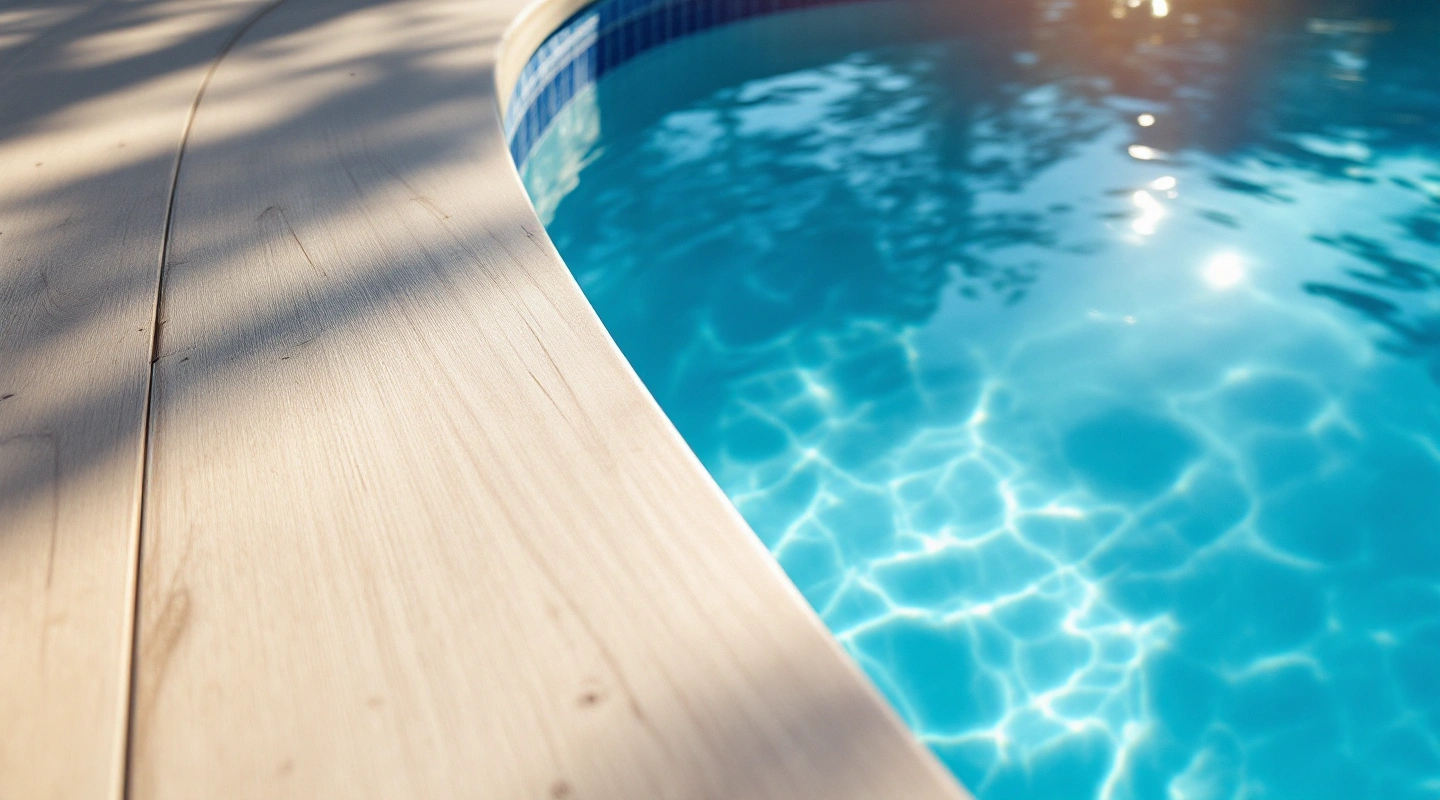 Quiet pool water and surrounding deck in natural light