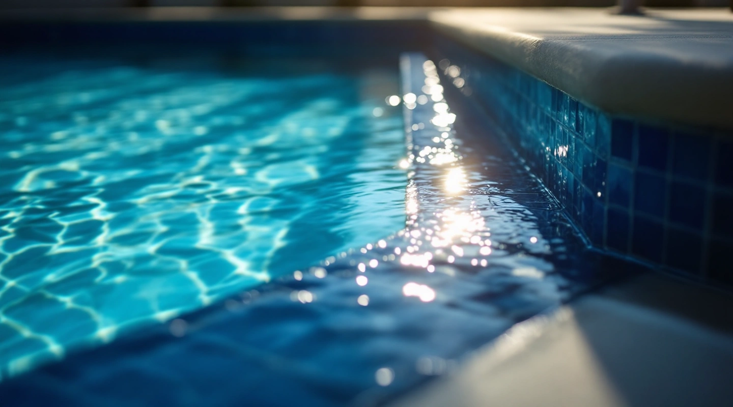 Quiet pool water and surrounding deck in natural light