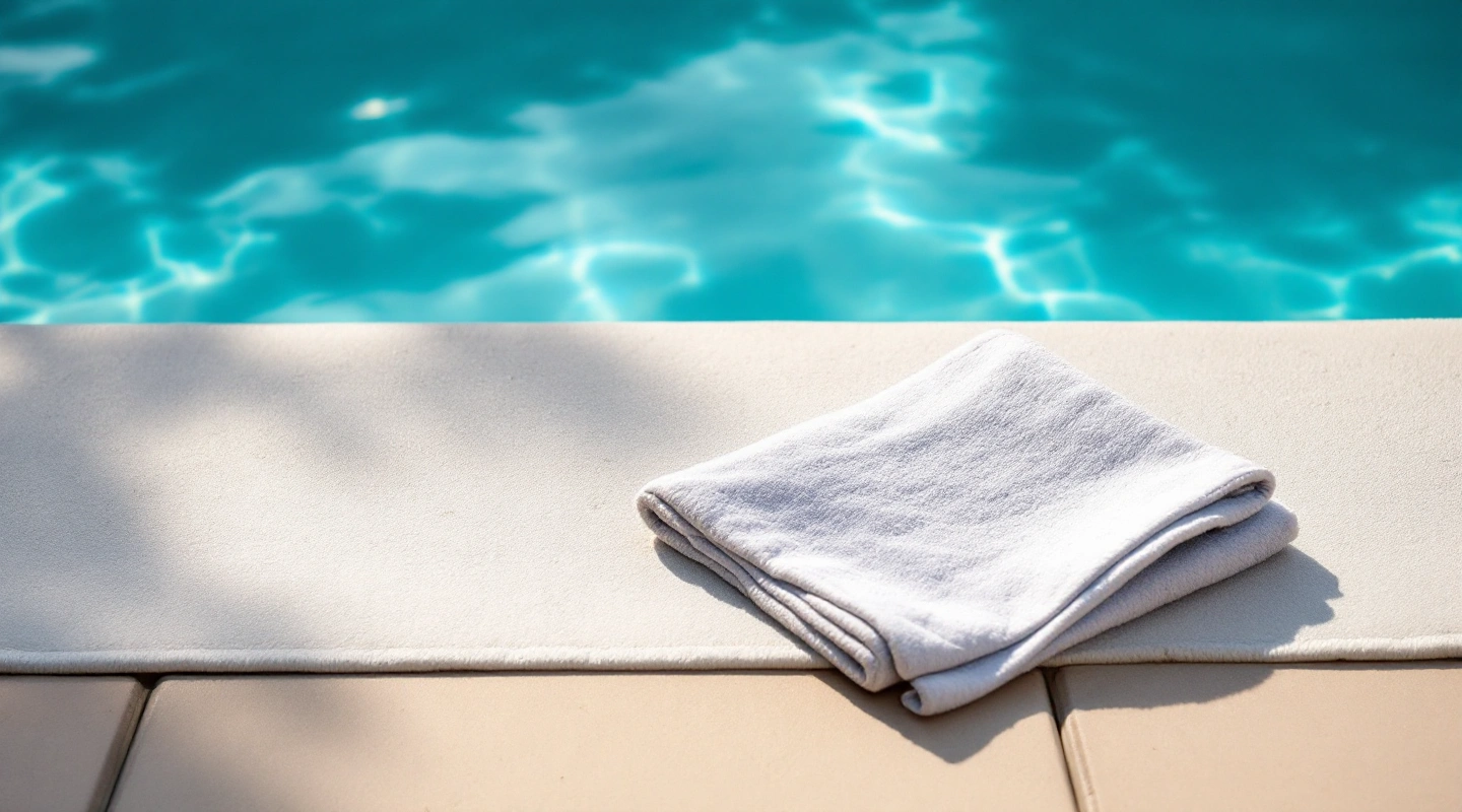 Quiet pool water and surrounding deck in natural light