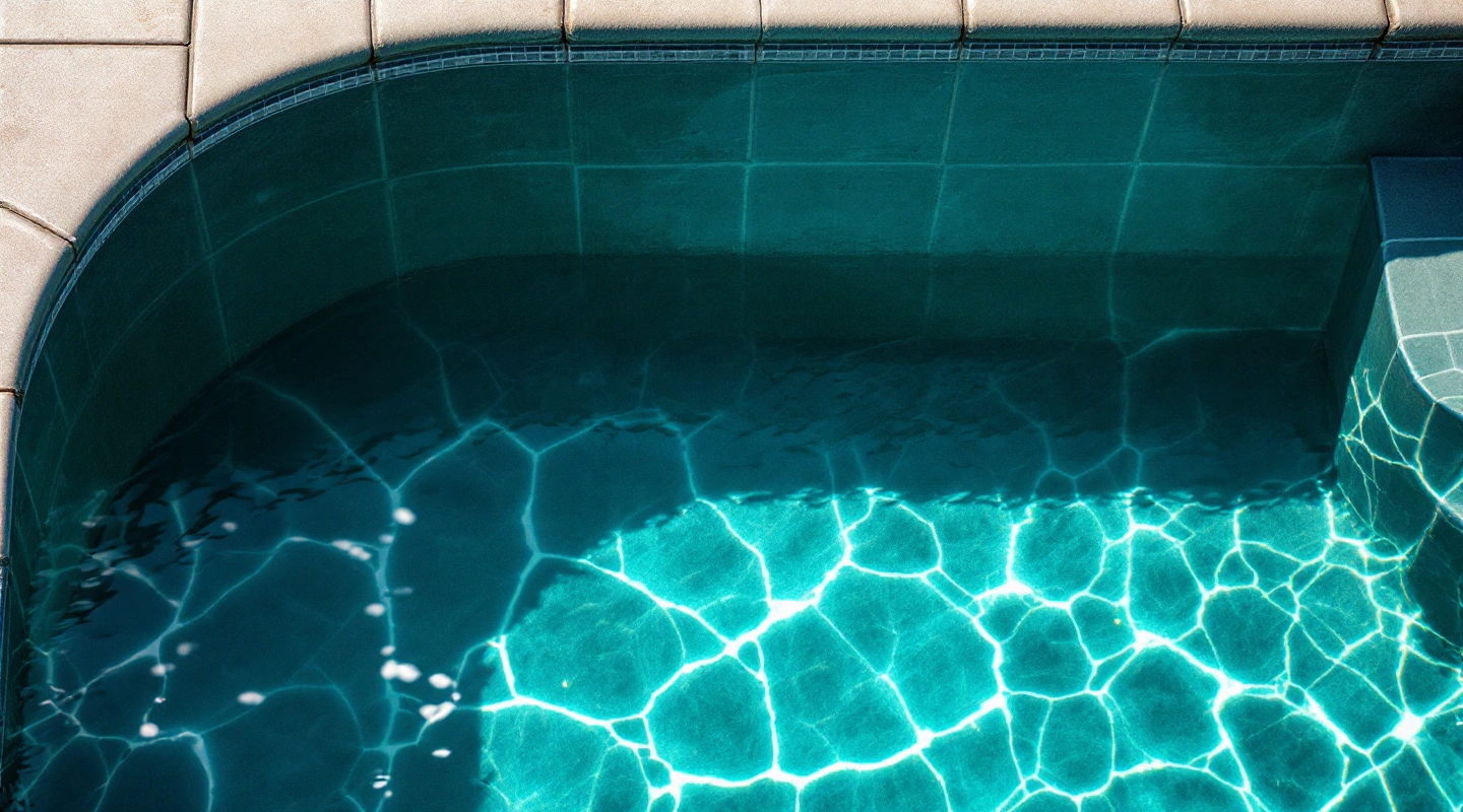 Quiet pool water and surrounding deck in natural light