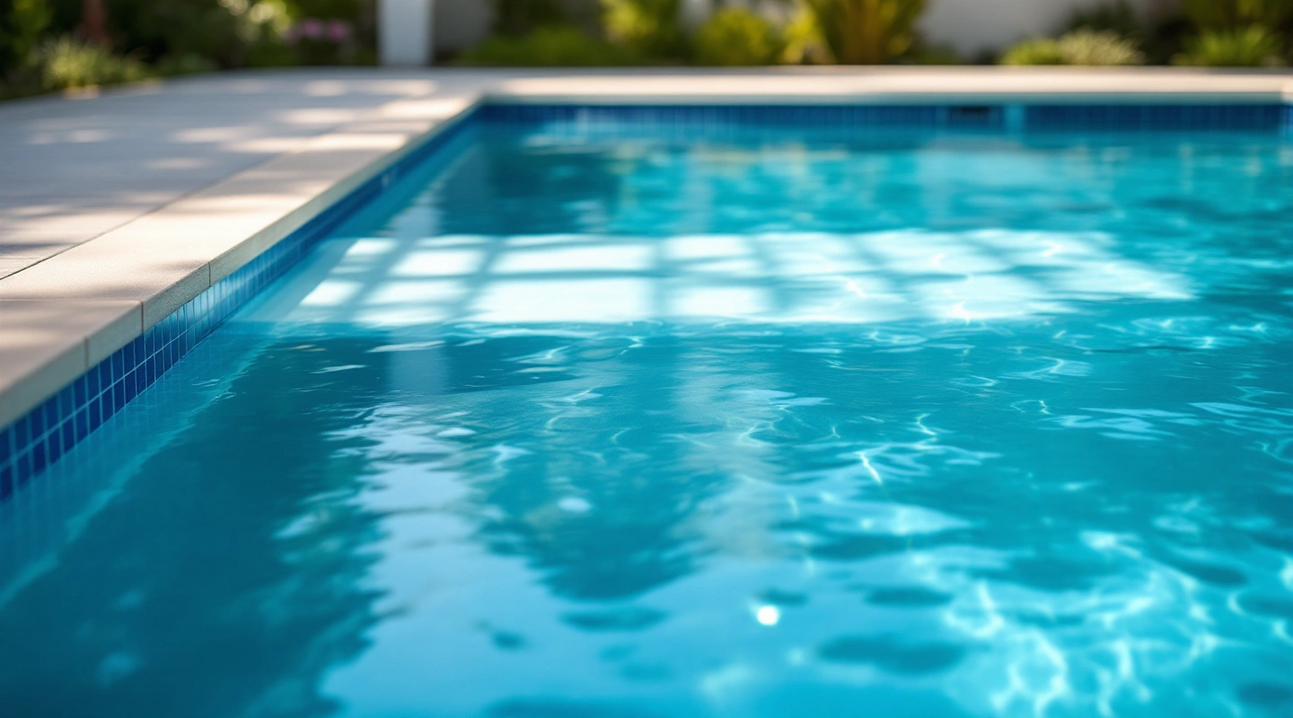 Quiet pool water and surrounding deck in natural light