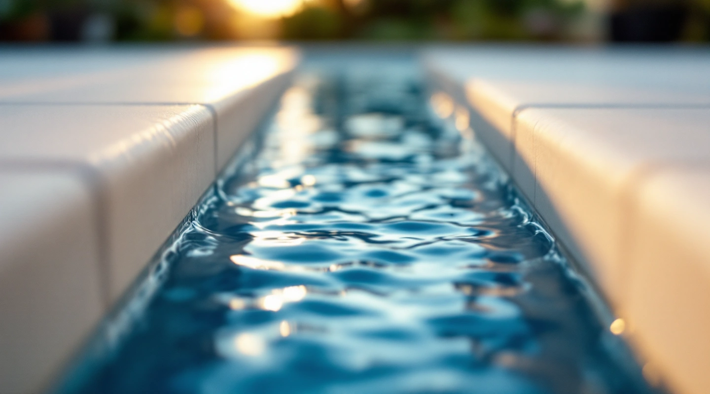 Quiet pool water and surrounding deck in natural light