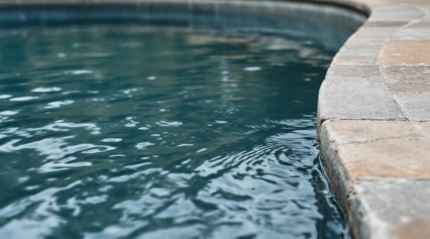 Quiet pool water and surrounding deck in natural light