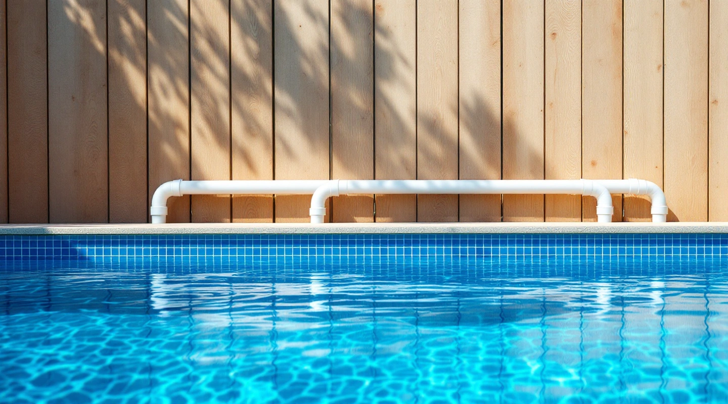 Quiet pool edge with a closed timber equipment screen