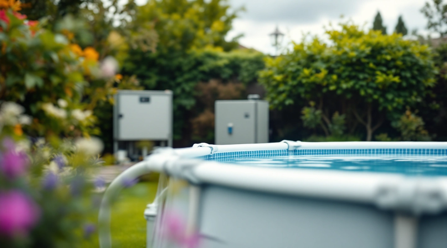 Above-ground pool edge with a tidy garden and closed equipment boxes