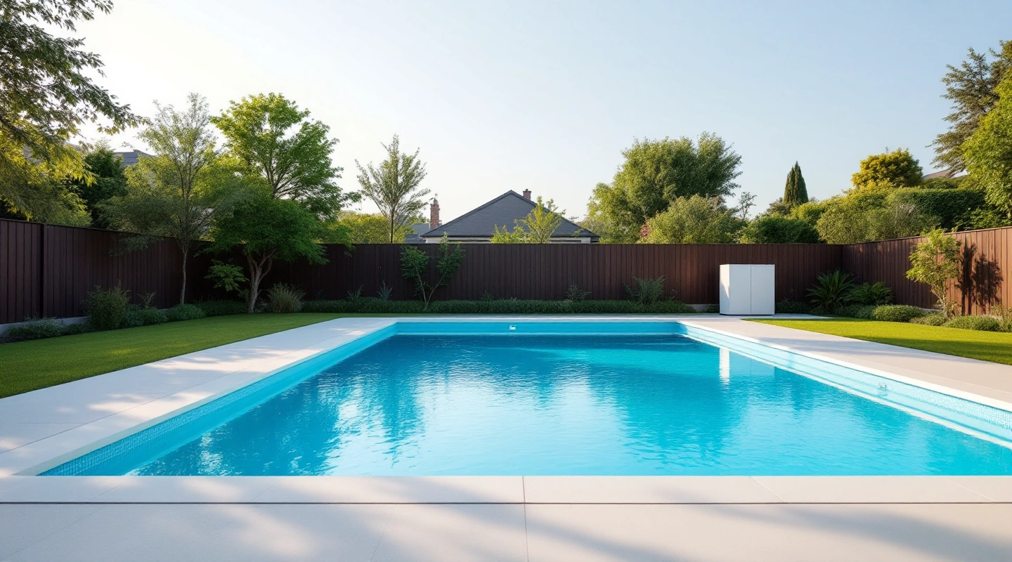 Residential swimming pool and pale deck in a quiet garden