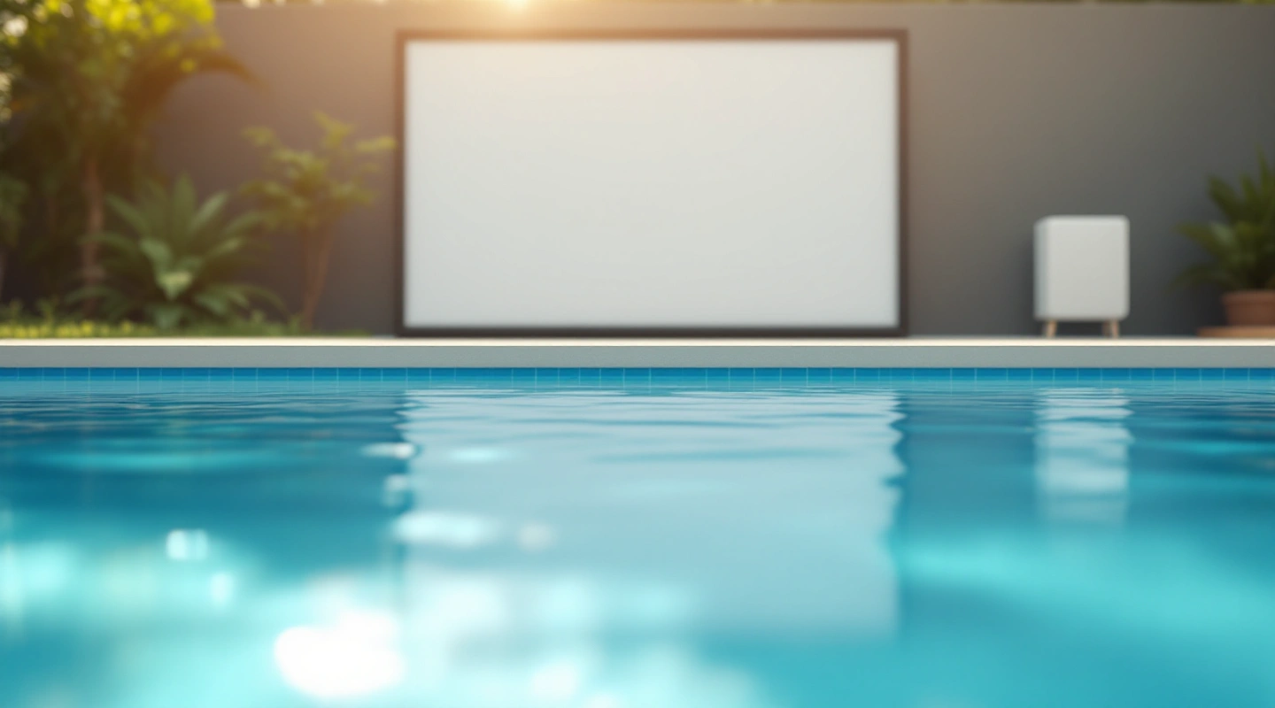 Still pool water facing a garden and plain closed equipment screens