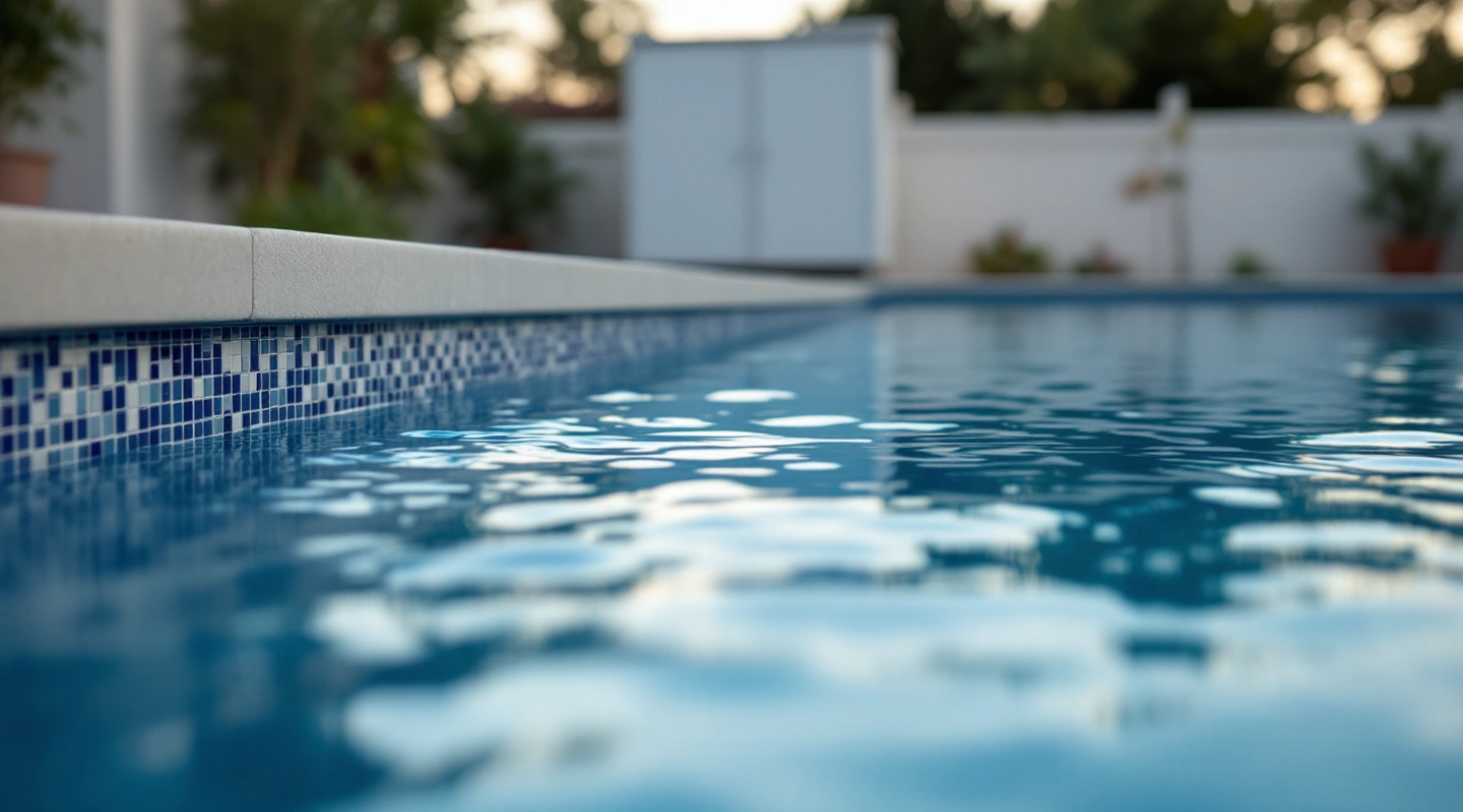 Quiet residential pool and stone coping in morning light