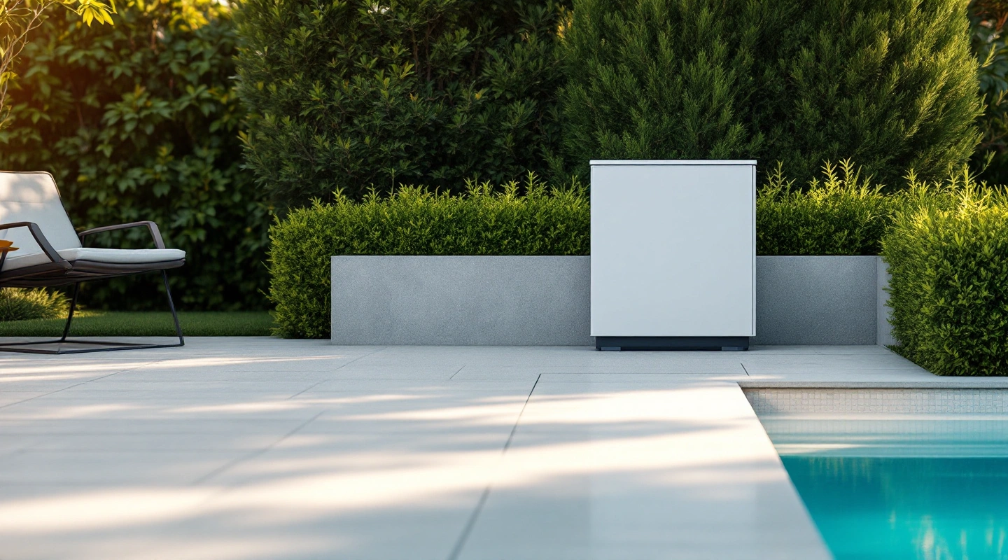 Closed equipment cabinet beside a quiet pool deck and hedge