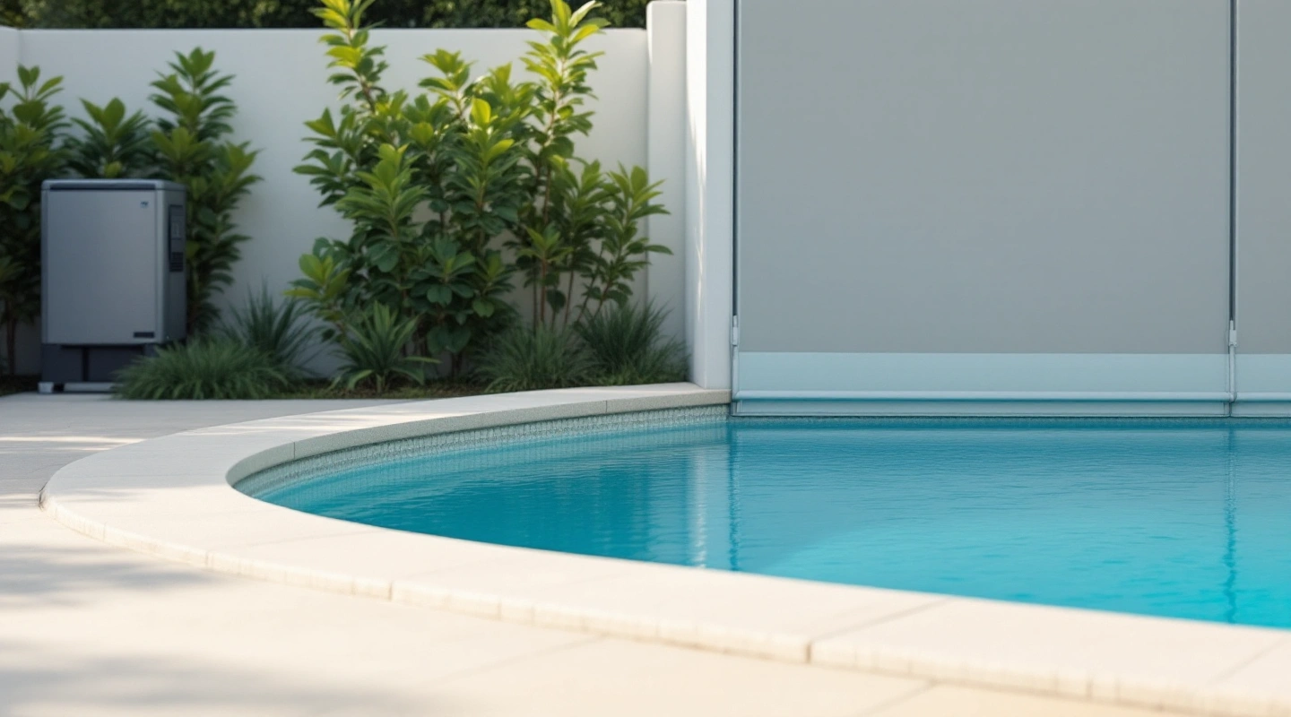 Pool corner with pale coping and closed equipment screens
