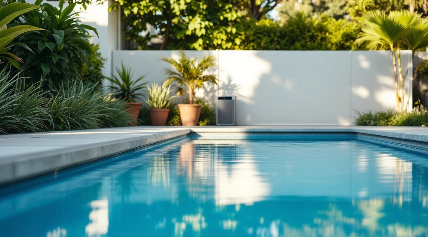 Residential pool with a plain closed equipment screen and garden